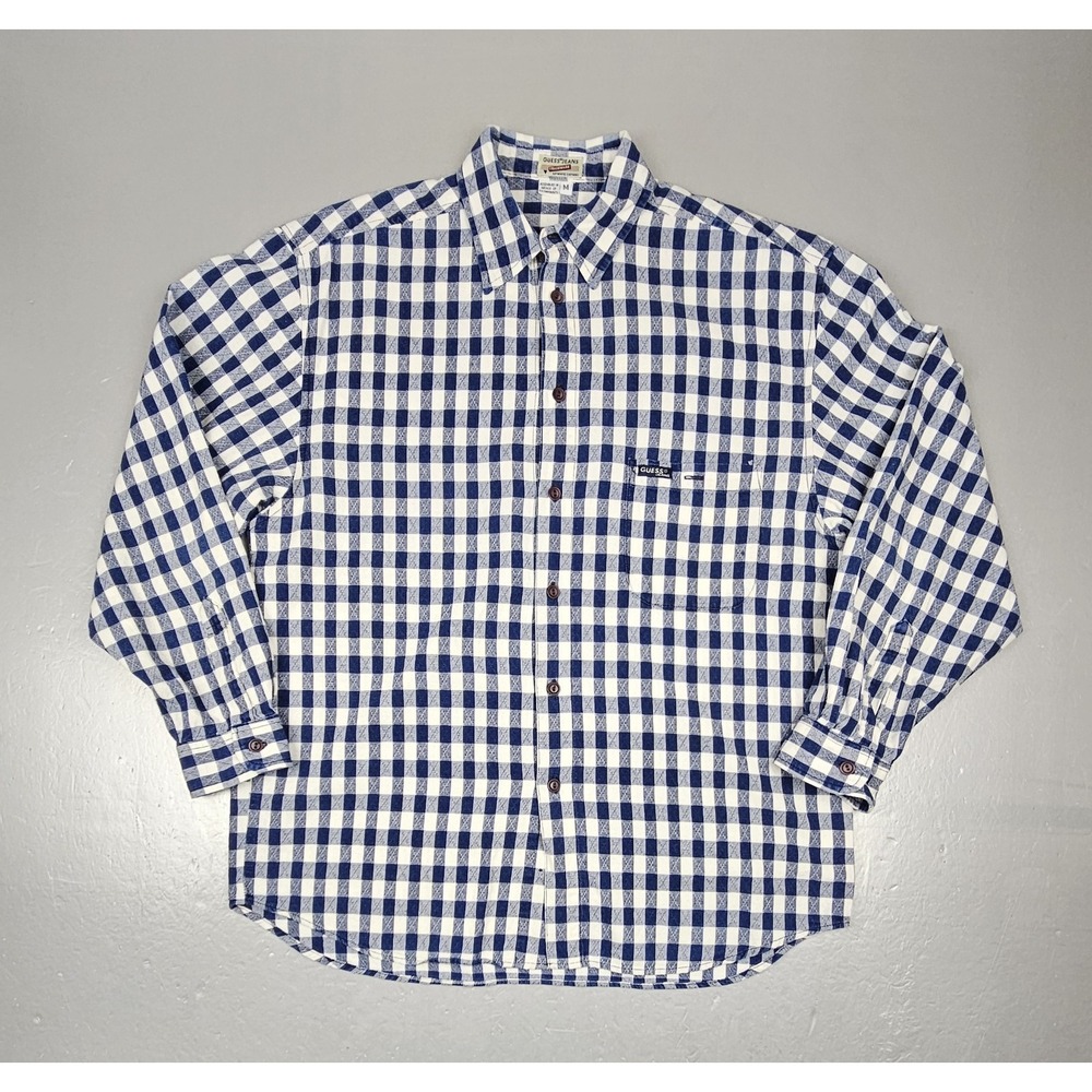 Guess Jeans Button Up Shirt Mens Medium. Vintage 90s Blue Plaid Made In‎ USA.